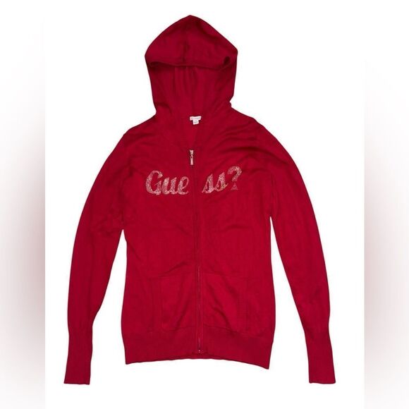 Guess Women's Y2K Cherry Red Zip Up Rhinestone Hoodie Size Large - Picture 6 of 8